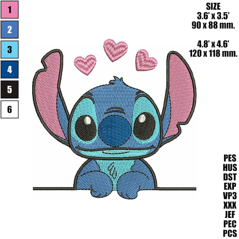 May include: Embroidered design featuring a blue alien character with large eyes and pink ears, accompanied by three pink hearts. The design measures 3.6" x 3.5" (90 x 88 mm) and 4.8" x 4.6" (120 x 118 mm).