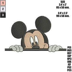 May include: An embroidered design of Mickey Mouse peeking over a line. The design features black, tan, and white colors. The text on the image indicates the size of the design is 3.4' x 2' (85 x 50 mm) and 3.9' x 2.3' (99 x 58 mm).