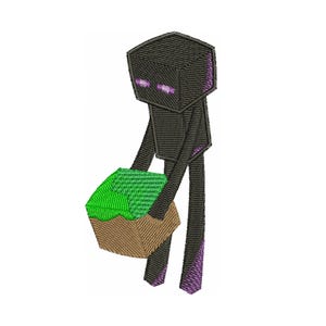 Puede incluir: Diseño bordado de un personaje Enderman de Minecraft sosteniendo un bloque de hierba y tierra. El Enderman es negro con acentos y ojos morados. El bloque es verde y marrón.