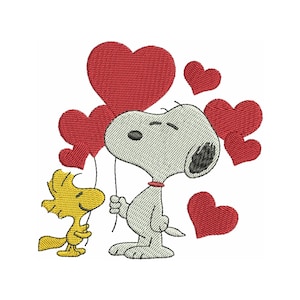 Puede incluir: Diseño bordado con Snoopy sosteniendo un globo de corazón rojo, con Woodstock y corazones rojos adicionales. El diseño está sobre un fondo blanco, perfecto para el Día de San Valentín o un regalo para un fan de Peanuts.