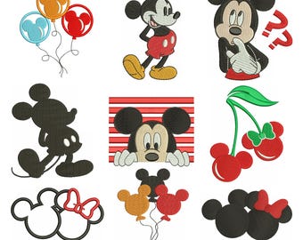 Desenhos de Bordado do Mickey Mouse, Arquivos de Bordado à Máquina do Mickey e da Minnie, 9 desenhos, Desenhos de Bordado de Desenhos Animados Fofos