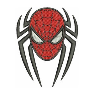 Puede incluir: Parche bordado con la icónica máscara de Spider-Man. La máscara es roja con un patrón de telaraña negra y detalles de ojos blancos. El diseño incluye patas de araña negras que se extienden hacia afuera.