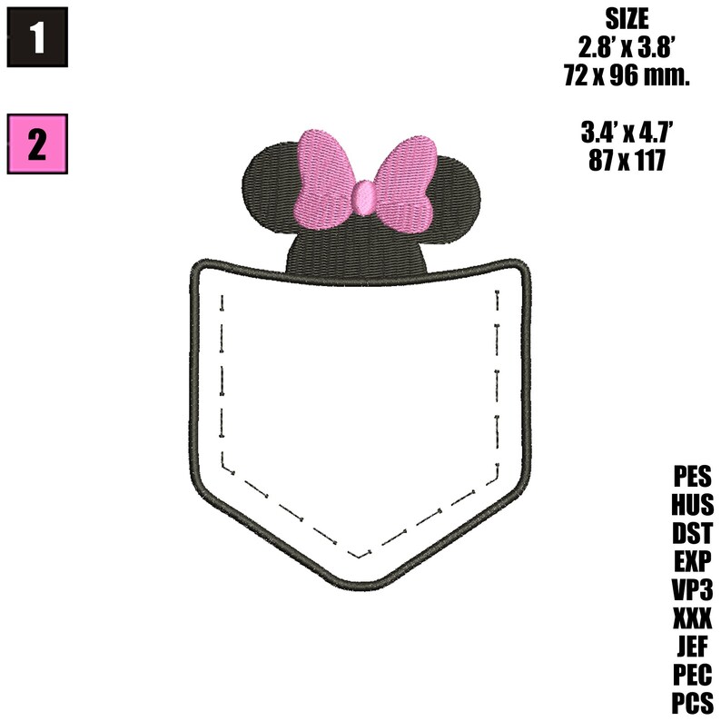 K&ouml;nnte beinhalten: Ein schwarzes und wei&szlig;es Stickmuster einer Tasche mit einem Cartoon-Mauskopf, der aus der Oberseite ragt. Die Maus hat rosa Ohren und eine rosa Schleife. Das Design ist 2,8 Zoll mal 3,8 Zoll und 72 Millimeter mal 96 Millimeter gro&szlig;.
