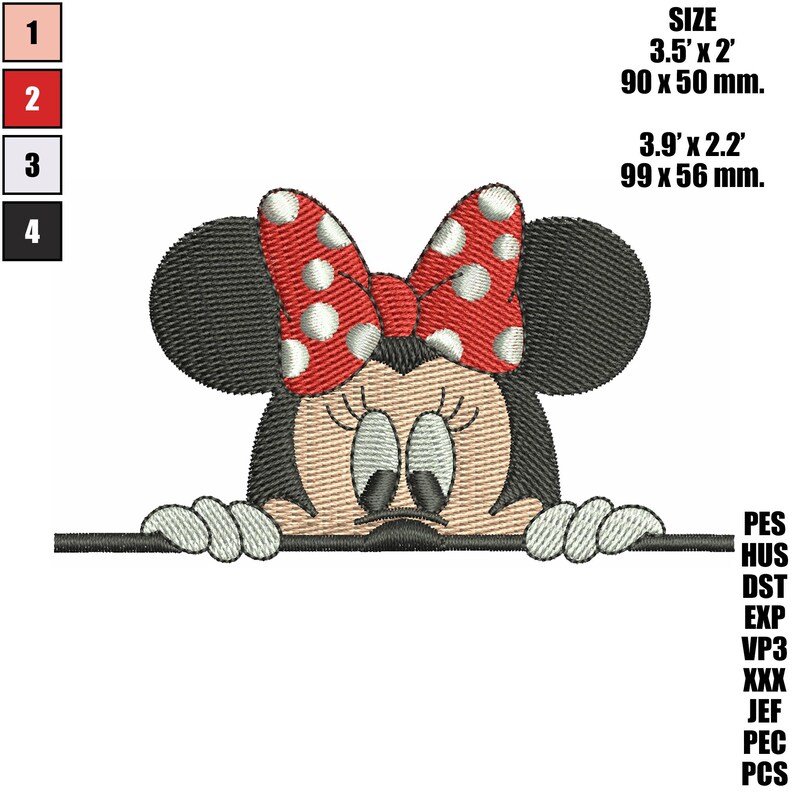 May include: An embroidered Minnie Mouse design featuring a red bow with white polka dots. The design includes the character's face and hands, with the text "SIZE 3.5' x 2' 90 x 50 mm. 3.9' x 2.2' 99 x 56 mm." and file type abbreviations.