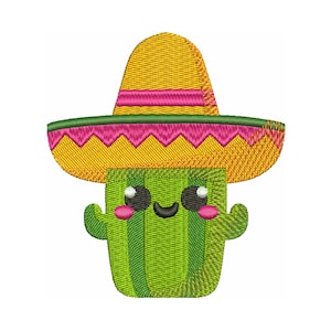Puede incluir: Un simpático cactus de dibujos animados con un sombrero amarillo con una banda rosa y ribete verde. El cactus es verde con rayas verde oscuro, mejillas rosadas y una boca negra sonriente. Tiene brazos pequeños y ojos grandes y amigables.