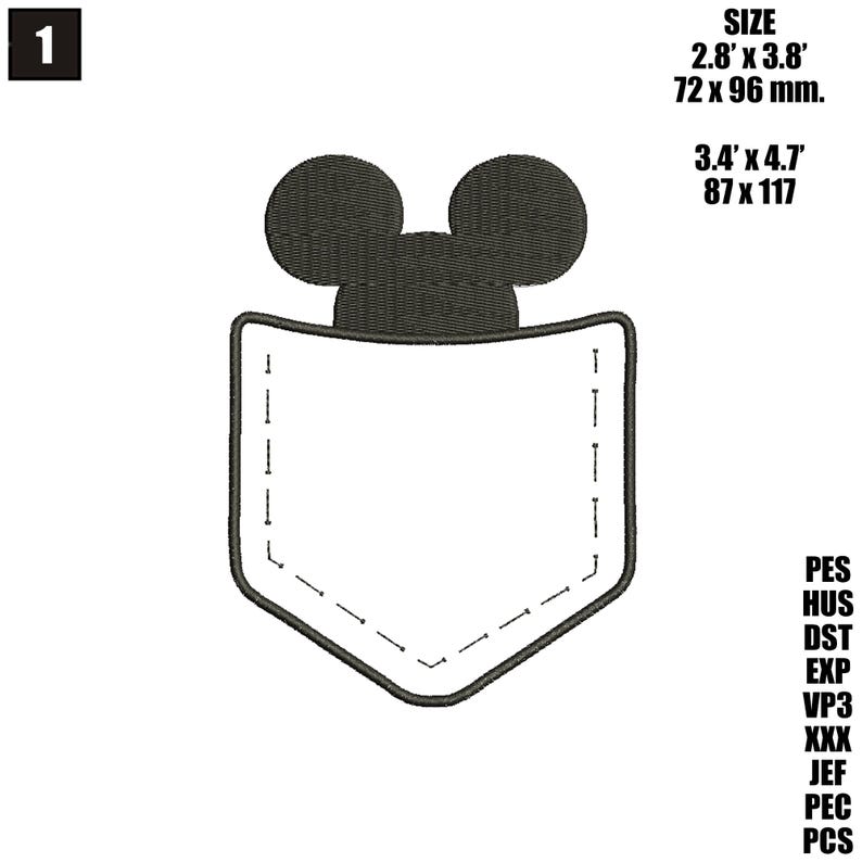 K&ouml;nnte beinhalten: Schwarzwei&szlig;es Stickmuster eines Mickey-Mouse-Kopfes, der aus einer Tasche schaut. Das Design ist 2,8 Zoll mal 3,8 Zoll gro&szlig; und 72 Millimeter mal 96 Millimeter. Es ist auch in einer gr&ouml;&szlig;eren Gr&ouml;&szlig;e von 3,4 Zoll mal 4,7 Zoll und 87 Millimeter mal 117 Millimeter erh&auml;ltlich.