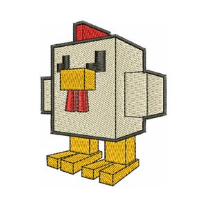 May include: Embroidered patch of a pixelated chicken. The chicken has a cream-colored body with black outlines, a red comb and wattle, and yellow beak and feet. The design is reminiscent of a video game character.
