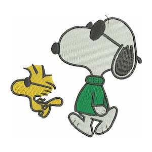 May include: Embroidered image featuring Snoopy in sunglasses and a green sweater, alongside Woodstock. Snoopy is white with black detailing, and Woodstock is yellow. Suitable for a patch or embroidery design.
