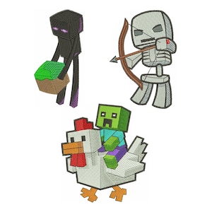Könnte beinhalten: Drei gestickte Aufnäher mit blockartigen Figuren: eine schwarze Figur hält einen grün-braunen Block, ein weißes Skelett hält einen braunen Bogen mit Pfeil, und eine grüne Figur reitet auf einem weißen Huhn mit rotem Kamm.