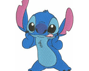 May include: Embroidered image of Stitch, a blue alien character with large ears, big eyes, and a playful expression. The character is in a dynamic pose, with one hand raised and the tongue sticking out. The image is on a white background.