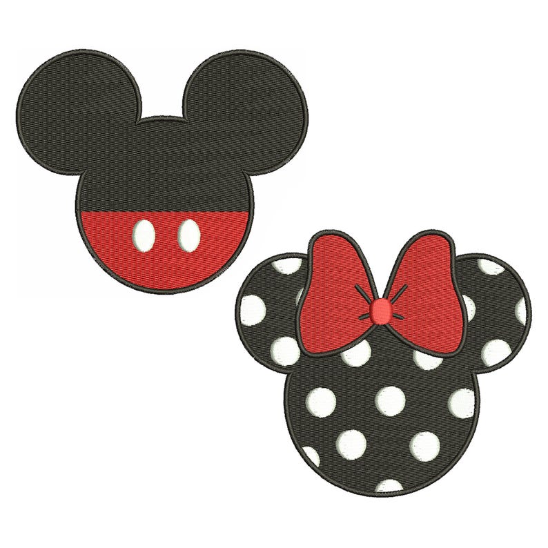 Op de afbeelding: Zwart-witte silhouet van Mickey Mouse met rode oren en neus. Zwart-witte silhouet van Minnie Mouse met een rode strik en witte stippen.