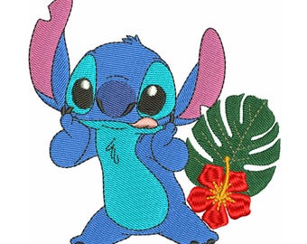 May include: Embroidered image of the character Stitch from Lilo & Stitch. Stitch is blue with large eyes, pink ears, and a turquoise belly. A green leaf and red flower are to the right of Stitch.