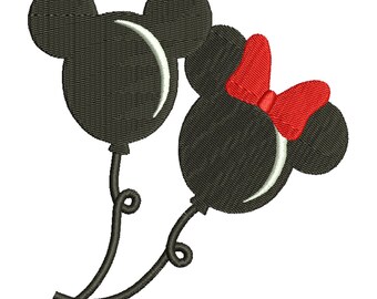 Op de afbeelding: Twee zwarte ballonfiguren met Mickey Mouse-oren. Een ballon heeft een rode strik. De ballonnen zijn aan elkaar gebonden met zwarte touwtjes.