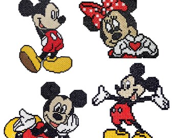 Op de afbeelding: Vier kruissteekpatronen van Mickey Mouse en Minnie Mouse. De patronen zijn in rood, zwart, geel en wit.