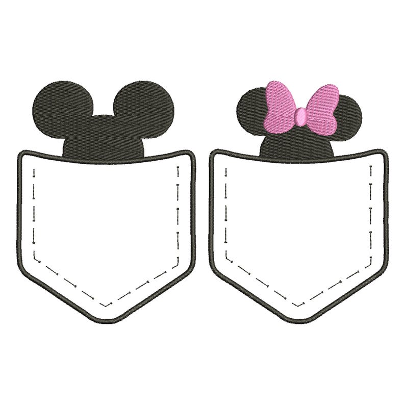 K&ouml;nnte beinhalten: Zwei gestickte Taschen mit herausguckenden K&ouml;pfen von Mickey Mouse und Minnie Mouse. Die Taschen sind wei&szlig; mit schwarzen N&auml;hten und einem schwarzen Umriss.