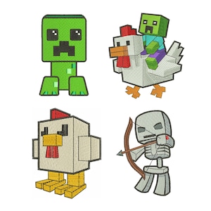 May include: Embroidered designs of characters from a popular video game. Includes a green Creeper, a zombie riding a chicken, a chicken, and a skeleton with a bow and arrow. All characters are blocky and pixelated.