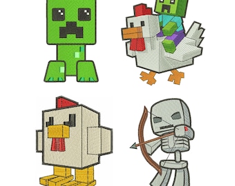 Embroidery Designs Games Characters, Game Embroidery Design Files Creeper, Skeleton, Chicken Jockey, Gamer Machine Embroidery