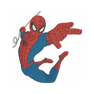 Pode incluir: Imagem bordada do Homem-Aranha numa pose dinâmica, vestindo seu traje vermelho e azul característico. O super-herói é retratado em pleno balanço, com um braço estendido segurando uma teia e o outro braço apontando para a frente. Em fundo branco.