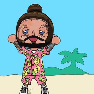 Post Malone Animal Crossing New Horizons Eiland Boom Strand Scène Digitale tekening Illustratie Cartoon Print Posty Hiphoptattoo Oceaan Muziek
