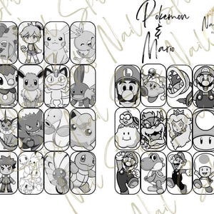 Digital Nail Art Template, Pokeman, Mario, Nail Art, Practice Nail Art Stencil