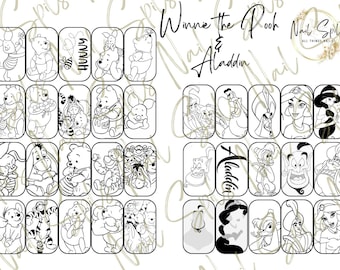 Digital Nail Art Template, Winnie the Pooh, Aladdin, Practice Nail Art Template, DIY Nail Art