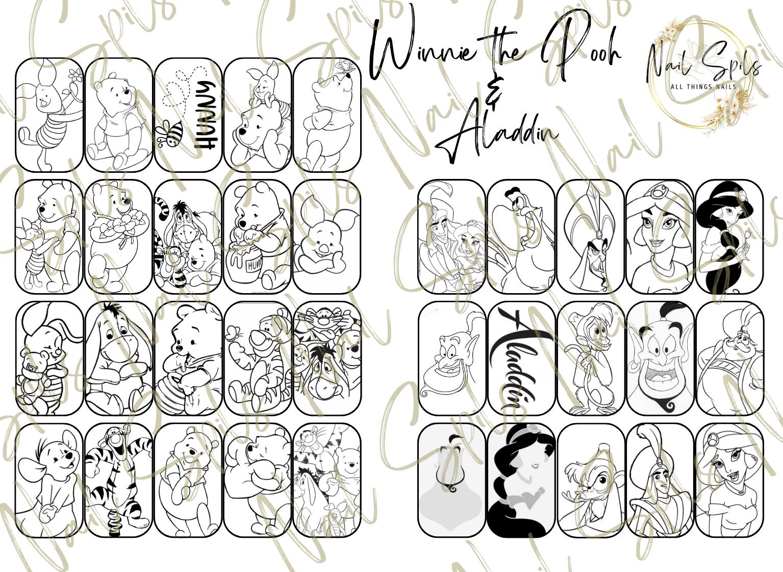 Digital Nail Art Template, Winnie the Pooh, Aladdin, Practice Nail Art Template, DIY Nail Art