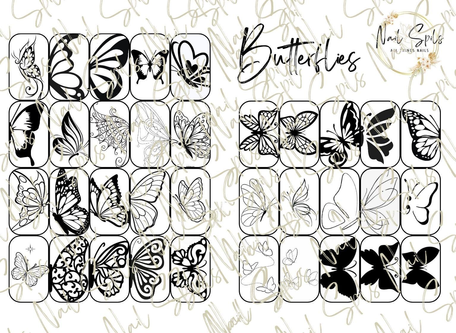 Digital Nail Art Template, Butterflies, Nail art practice template