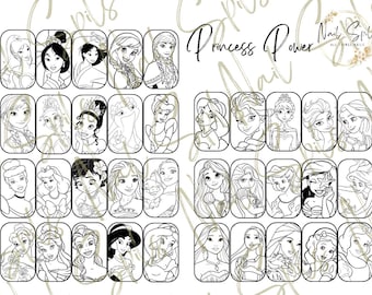 Digital Nail Art, Printable Template, Disney Princess, DIY Nail Art, Practice Sheet.
