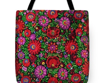 Use as a Gift Bag! Tote Bag Hungarian Magyar Folk Embroidery Matyo Photo PRINTED on Fabric Handbag in 3 sizes HOT Fashion Accessory