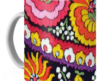 11 oz MUG Ready to Ship - Hungarian Magyar Folk Art Matyo Szentgyorgy embroidery detail
