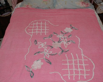 Chenille Bedspread Vintage Twin Duvet cover- Pink with flowers - 53'' x 68''