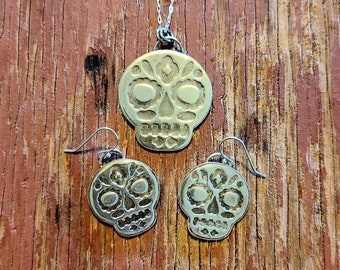 Sugar Skull Sterling Silver Necklace and Earrings Set