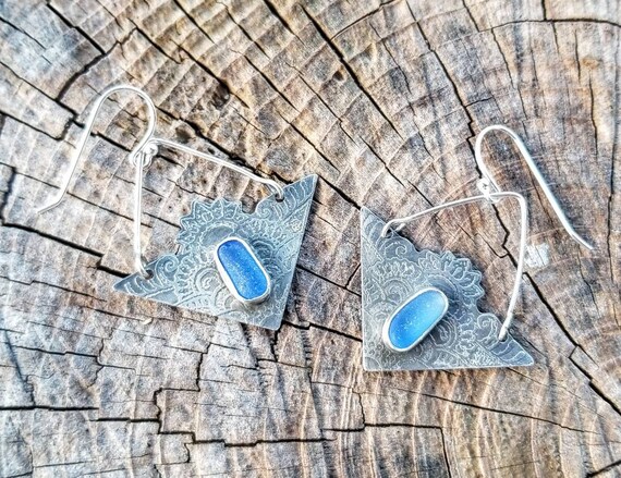 Northern California Periwinkle Sea Glass Silver Dangle Earrings