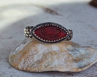 Rare Spanish Red Sea Glass Button Handcrafted Custom Silver Twist Band Ring Size 7 by Seahag101