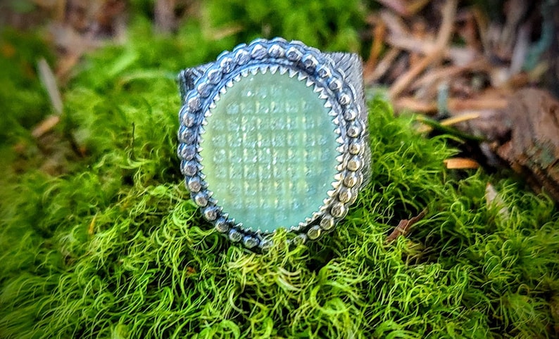 Vintage Japanese Ohajiki Sea Glass Handcrafted Silver Turtle Shell Patterned Wide Band Ring Size 9.5