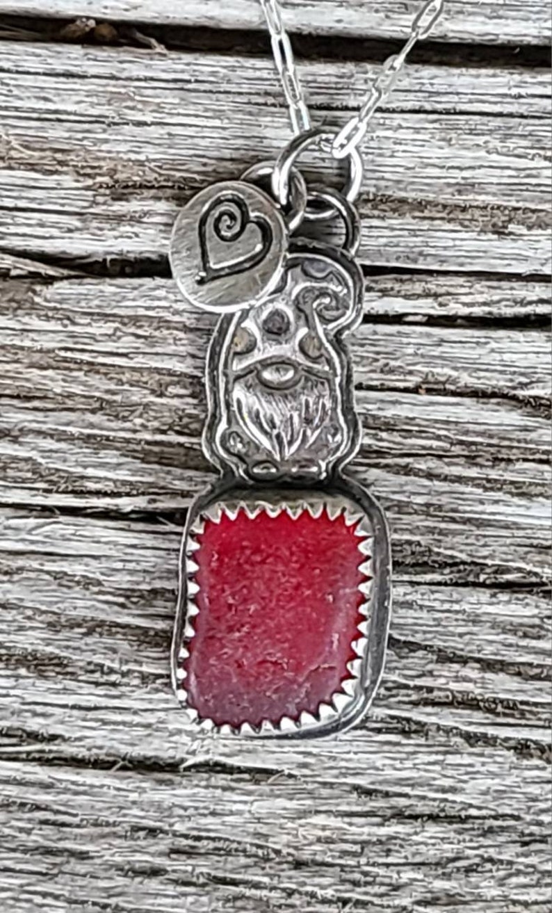 Love Sea Glass Rare PNW Red Sea Glass Custom Fine Silver Stamped Wee Gnome Pendant Heart Charm 18 Sterling Silver Chain by Seahag101 image 6