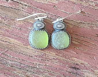 Vintage Nordic Peridot Sea Glass Custom Fine Silver Whimsical Embellishment Dangle Earrings by Seahag101