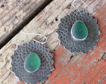 Vintage Nordic Teal Green Sea Glass Handcrafted Fine Silver Star Patterned Scalloped Medallion Dangle Earrings by Seahag101