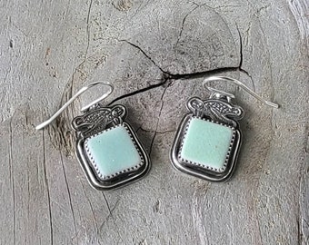 Puerto Rican Light Green Sea Tile Custom Fine Silver Stamped Sea Turtle Dangle Earrings by Seahag101