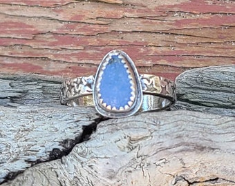 Rare Spanish Sky Blue Sea Glass Teardrop Gem Handcrafted Custom Silver Star Patterned Band Ring Size 8 by Seahag101