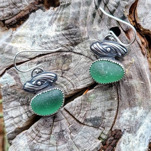 Nordic Light Teal Sea Glass Custom Silver Swirl Embellished Dangle Earrings by Seahag101 image 1