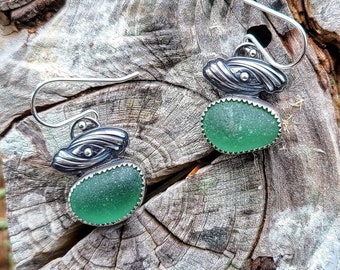 Nordic Light Teal Sea Glass Custom Silver Swirl Embellished Dangle Earrings by Seahag101