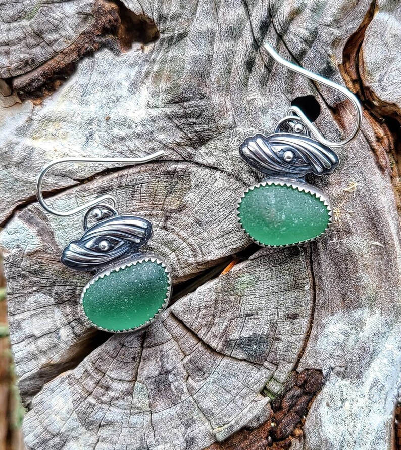 Nordic Light Teal Sea Glass Custom Silver Swirl Embellished Dangle Earrings by Seahag101 image 1