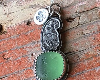 Sea Glass Vintage Nordic Green Sea Glass Custom Fine Silver Stamped Wee Gnome Pendant Flower Charm 18" Sterling Silver Chain by Seahag101