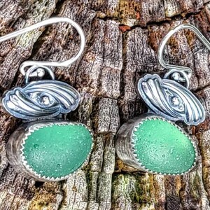 Nordic Light Teal Sea Glass Custom Silver Swirl Embellished Dangle Earrings by Seahag101 image 6