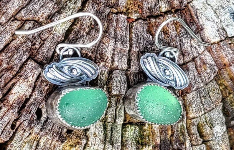 Nordic Light Teal Sea Glass Custom Silver Swirl Embellished Dangle Earrings by Seahag101 image 6