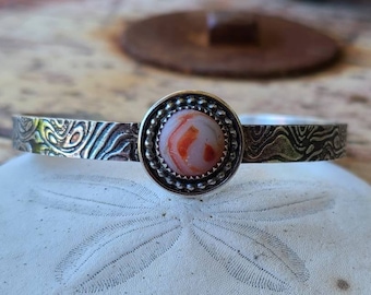 Vintage Spanish Orange and White  Swirl Sea Glass Marble Handcrafted Silver Patterned Cuff