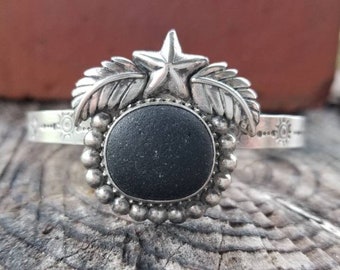 Pirate Black Sea Glass Custom Silver Star /Leaves/ Beads Cuff Bracelet by Seahag101