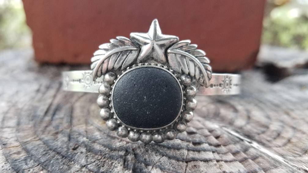Pirate Black Sea Glass Custom Silver Star /Leaves/ Beads Cuff Bracelet by Seahag101