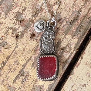 Love Sea Glass Rare PNW Red Sea Glass Custom Fine Silver Stamped Wee Gnome Pendant Heart Charm 18 Sterling Silver Chain by Seahag101 image 1